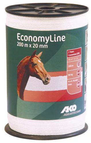 AKO Economyline elektrický ohradník – páska, biela - 200 m x 20 mm, 11 ohm/m, 90 kg