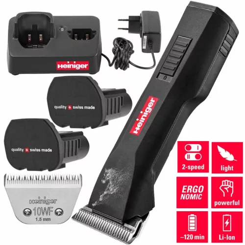 Strojček na strihanie koní Heiniger Saphir Horse s holiacou hlavicou #10WF – s 2 batériami