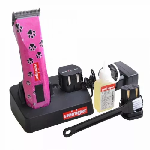 Heiniger Saphir Pink strojček na strihanie zvierat s 2 akumulátormi, 7 nadstavcami a 1 Snap On hlavicou č. 10